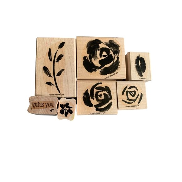 Stampin Up 2003 Wooden Rubber Stamp Set - Floral & Miss You Design - Picture 1 of 4